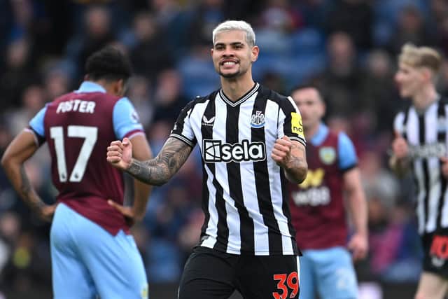 BURNLEY, ENGLAND - MAY 04:  Bruno Guimaraes of Newcastle United celebrates after scoring the third Newcastle goal during the Premier League match between Burnley FC and Newcastle United at Turf Moor on May 04, 2024 in Burnley, England. (Photo by Stu Forster/Getty Images)