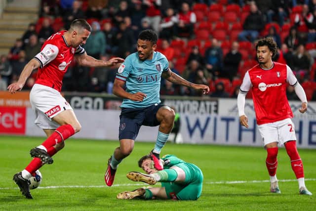 Burnley's Lyle Foster tries to take advantage of a spill from Rotherham United's Josh Vickers

The EFL Sky Bet Championship - Rotherham United v Burnley - Tuesday 18th April 2023 - New York Stadium - Rotherham