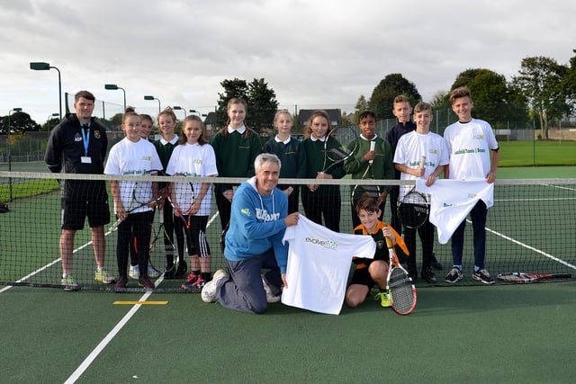 Students from Brunts Academy presented with t-shirts after completing 30 hours of tennis coaching in association with Mansfield Lawn Tennis Club, pictured are pupils with head coach Andy Mcfeeters and teacher Mr Paling.