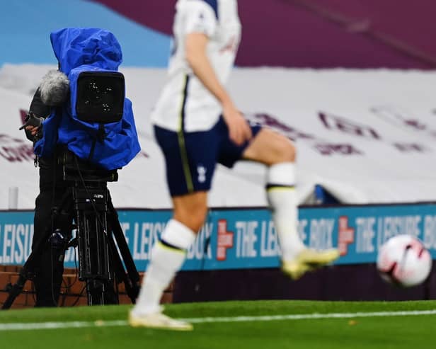 BURNLEY, ENGLAND - OCTOBER 26: A television camera films the action during the Premier League match between Burnley and Tottenham Hotspur at Turf Moor on October 26, 2020 in Burnley, England. (Photo by Michael Regan/Getty Images)