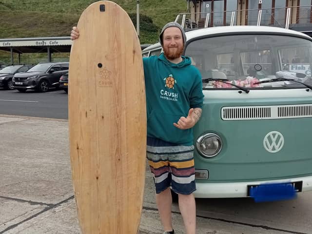 Danny Steele, who started making bespoke wooden surfboards, during the Covid pandemic