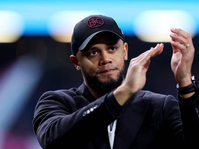 BURNLEY, ENGLAND - APRIL 02: Vincent Kompany, Manager of Burnley, applauds the fans after the draw during the Premier League match between Burnley FC and Wolverhampton Wanderers at Turf Moor on April 02, 2024 in Burnley, England. (Photo by Alex Livesey/Getty Images) (Photo by Alex Livesey/Getty Images)