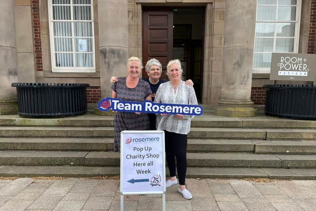 Three of the charity champs (left to rigjt) Julie Scott,  Wendie Hammond and Joann Brooks outside Padiham Town Hall where they held a pop up shop for Rosemere Cancer Foundation