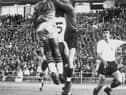 England goalkeeper Colin McDonald (hands up), team mate Billy Wright and a Brazilian player collide in the air during the England-Brazil World Cup match at Gothenburg, Sweden, 11th June 1958. The match ended in a goalless draw.
(Photo by Central Press/Hulton Archive/Getty Images)