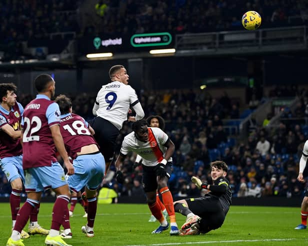 BURNLEY, ENGLAND - JANUARY 12: Carlton Morris of Luton Town scores his team's first goal during the Premier League match between Burnley FC and Luton Town at Turf Moor on January 12, 2024 in Burnley, England. (Photo by Gareth Copley/Getty Images)