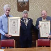 John Harbour (left) and Andy Tatchell (right) with Mayor of Padiham Phil Turner.