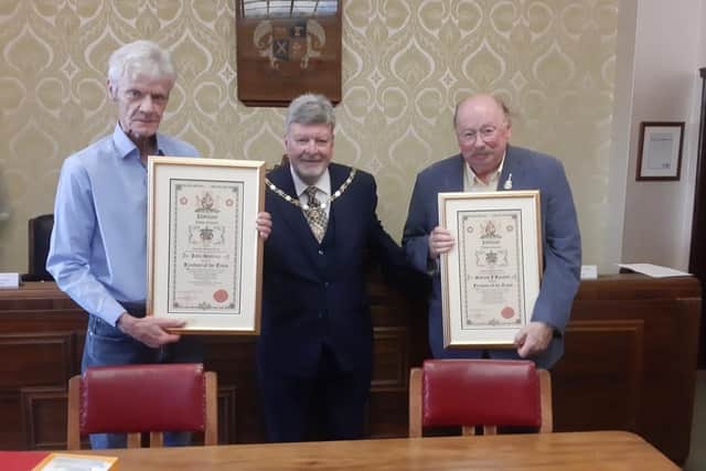 John Harbour (left) and Andy Tatchell (right) with Mayor of Padiham Phil Turner.