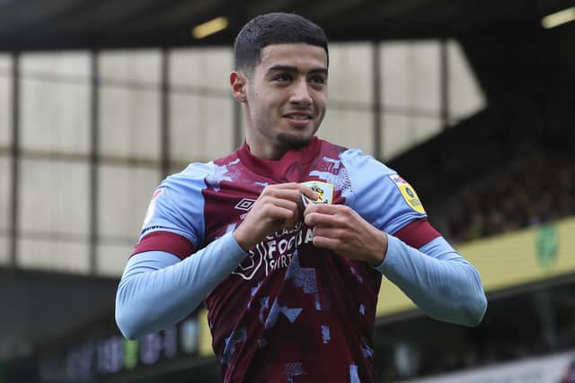 Burnley's Anass Zaroury celebrates scoring his side's first goal 

The EFL Sky Bet Championship - Norwich City v Burnley - Saturday 4th February 2023 - Carrow Road - Norwich