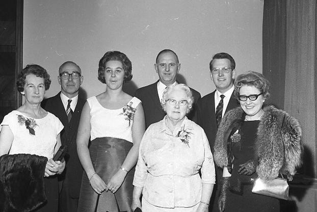 Some of the officials and guests. From the left, Mrs. Beeston, Mr. Beeston, Mrs Bailey, Mr. Stokes, Alderman Mrs. Battle, Mr. Christopher Bailey and Mrs. Stokes.
About 200 members of Burnley Grammar School Old Boys Association, their wives, friends and guests attended the annual ladies night dinner and dance at the Keirby Hotel