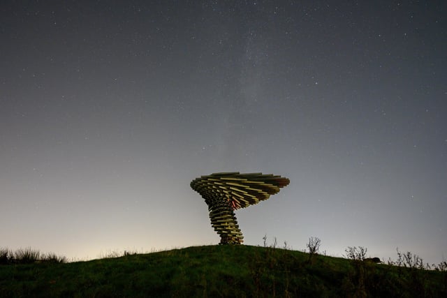 The Singing Ringing Tree in Burnley makes a statement against the sky at night