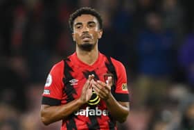 BOURNEMOUTH, ENGLAND - OCTOBER 19: Junior Stanislas of AFC Bournemouth applauds their fans after the final whistle of the Premier League match between AFC Bournemouth and Southampton FC at Vitality Stadium on October 19, 2022 in Bournemouth, England. (Photo by Mike Hewitt/Getty Images)