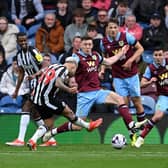 BURNLEY, ENGLAND - MAY 04: Bruno Guimaraes of Newcastle United scores his team's third goal during the Premier League match between Burnley FC and Newcastle United at Turf Moor on May 04, 2024 in Burnley, England. (Photo by Stu Forster/Getty Images)