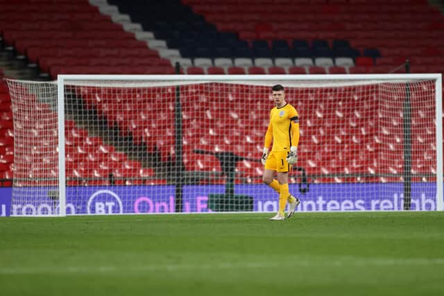 LONDON, ENGLAND - MARCH 25: Nick Pope of England looks on during the FIFA World Cup 2022 Qatar qualifying match between England and San Marino at Wembley Stadium on March 25, 2021 in London, England. Sporting stadiums around the UK remain under strict restrictions due to the Coronavirus Pandemic as Government social distancing laws prohibit fans inside venues resulting in games being played behind closed doors.  (Photo by Carl Recine - Pool/Getty Images)