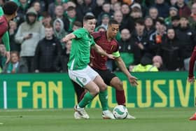 Irish Josh Cullen and Belgium's Youri Tielemans fight for the ball during a friendly soccer match between Ireland and Belgian national team Red Devils, in Dublin, Ireland, Saturday 23 March 2024. The Red Devils play two friendly matches in preparation for the Euro 2024. BELGA PHOTO BRUNO FAHY (Photo by BRUNO FAHY / BELGA MAG / Belga via AFP) (Photo by BRUNO FAHY/BELGA MAG/AFP via Getty Images)