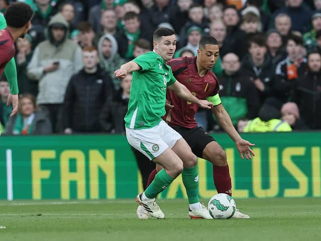 Irish Josh Cullen and Belgium's Youri Tielemans fight for the ball during a friendly soccer match between Ireland and Belgian national team Red Devils, in Dublin, Ireland, Saturday 23 March 2024. The Red Devils play two friendly matches in preparation for the Euro 2024. BELGA PHOTO BRUNO FAHY (Photo by BRUNO FAHY / BELGA MAG / Belga via AFP) (Photo by BRUNO FAHY/BELGA MAG/AFP via Getty Images)