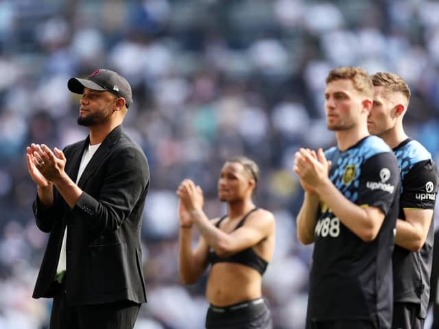 LONDON, ENGLAND - MAY 11: Vincent Kompany, Manager of Burnley, applauds the fans after the Premier League match between Tottenham Hotspur and Burnley FC at Tottenham Hotspur Stadium on May 11, 2024 in London, England. (Photo by Julian Finney/Getty Images)