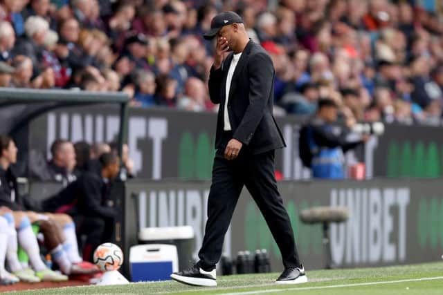 BURNLEY, ENGLAND - AUGUST 27: Vincent Kompany, Manager of Burnley, reacts during the Premier League match between Burnley FC and Aston Villa at Turf Moor on August 27, 2023 in Burnley, England. (Photo by George Wood/Getty Images)