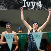 University of Pennsylvania swimmer Lia Thomas reacts after her team wins the 400 yard freestyle relay during the 2022 Ivy League Womens Swimming and Diving Championships at Blodgett Pool on February 19, 2022 in Cambridge, Massachusetts.  (Photo by Kathryn Riley/Getty Images)