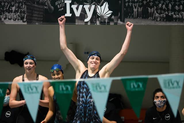 University of Pennsylvania swimmer Lia Thomas reacts after her team wins the 400 yard freestyle relay during the 2022 Ivy League Womens Swimming and Diving Championships at Blodgett Pool on February 19, 2022 in Cambridge, Massachusetts.  (Photo by Kathryn Riley/Getty Images)