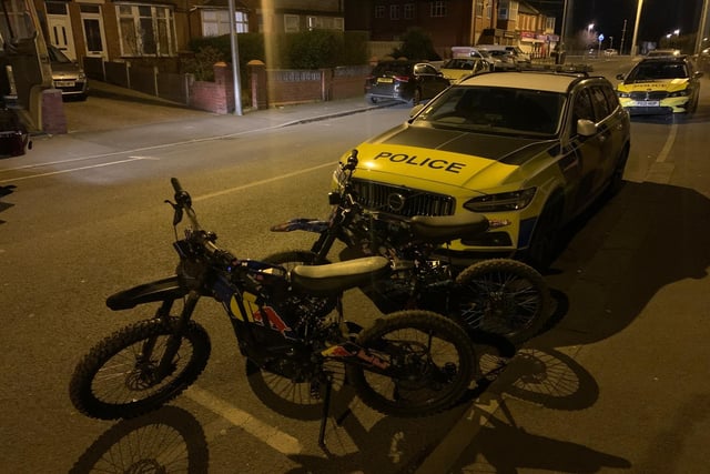 In Blackpool these two bikes seen by  the Lancashire Police Dogs Unit being ridden in an anti-social manner and failed to stop.
Pursuit mitigation tactics were implemented with support from the police helicopter, which located them without incident. 
The two riders have been reported for motoring offences.