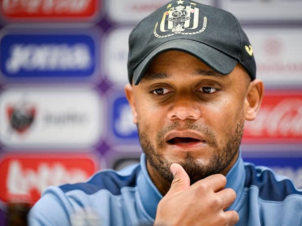 Anderlecht's head coach Vincent Kompany pictured during a press conference of Belgian soccer team RSC Anderlecht in Brussels on, Friday 06 May 2022, to discuss the next game in the Champions' play-offs, of the Jupiler Pro League. BELGA PHOTO LAURIE DIEFFEMBACQ (Photo by LAURIE DIEFFEMBACQ / BELGA MAG / Belga via AFP) (Photo by LAURIE DIEFFEMBACQ/BELGA MAG/AFP via Getty Images)