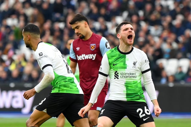 Robertson netted his second league goal of the season in Liverpool’s 2-2 draw with West Ham on Saturday afternoon. The 30-year-old also made a tackle, an interception and five key passes.