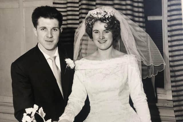 Carol and David on their wedding day 60 years ago