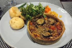 Mediterranean vegan tartlet, which comes with Sunday roast trimmings and the choice of being topped with brie, served at The Lawrence in Padiham.
