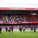 SHEFFIELD, ENGLAND - APRIL 07: General view as players of Sheffield United warm up prior to the Premier League match between Sheffield United and Chelsea FC at Bramall Lane on April 07, 2024 in Sheffield, England. (Photo by George Wood/Getty Images)