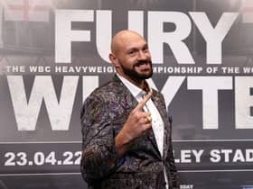 Tyson Fury gestures during the Tyson Fury v Dillian Whyte press conference at Wembley Stadium on March 01, 2022 in Londo