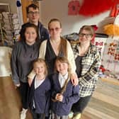 Gillian Ratcliffe, who owns the River of Life Craft and Coffee Hub in Burnley with  her daughters (left to right) Ani, Miah Grace, Ella Mai and Victoria and Adam who is Ani's fiancee