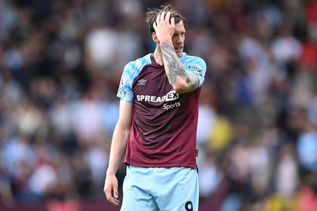BURNLEY, ENGLAND - MAY 22: Wout Weghorst of Burnley reacts during the Premier League match between Burnley and Newcastle United at Turf Moor on May 22, 2022 in Burnley, England. (Photo by Gareth Copley/Getty Images)
