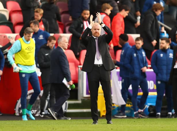 BRENTFORD, ENGLAND - MARCH 12: Sean Dyche, Manager of Burnley acknowledges the fans after the Premier League match between Brentford and Burnley at Brentford Community Stadium on March 12, 2022 in Brentford, England.