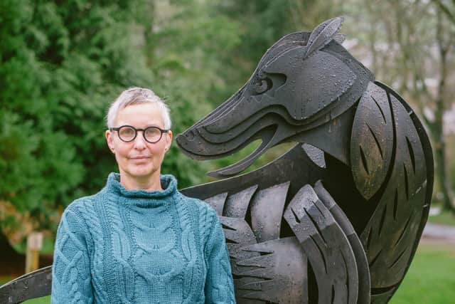 Internationally renowned sculptor and Lancashire folklore lover Marjan Wouda with her Dandy the dog sculpture which is coming to Clitheroe