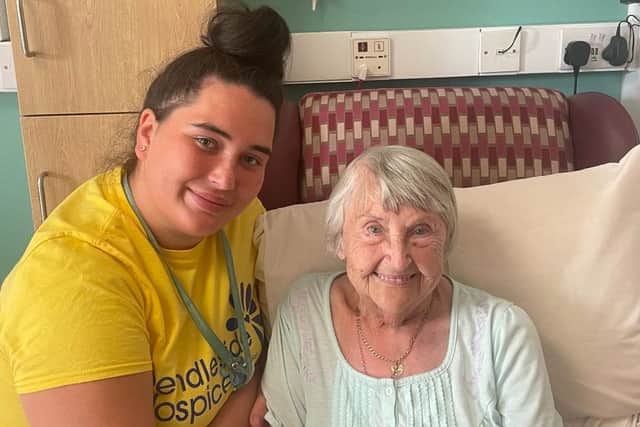 Patient and poet Joan Birtwistle and Pendleside Hospice's health and social care apprentice Adrianne Laird who Joan calls her "little granddaughter"