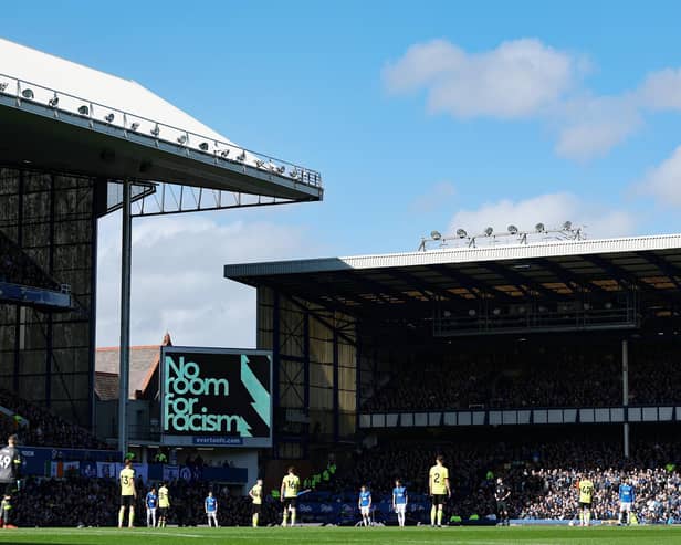 LIVERPOOL, ENGLAND - APRIL 06: Players line up ahead of the 'No Room for Racism' message being displayed on the LED screen prior to the Premier League match between Everton FC and Burnley FC at Goodison Park on April 06, 2024 in Liverpool, England. (Photo by Matt McNulty/Getty Images) (Photo by Matt McNulty/Getty Images)