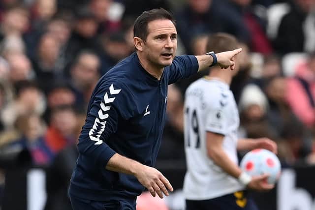 Everton's English manager Frank Lampard gestures on the touchline during the English Premier League football match between West Ham and Everton at the London Stadium, in London on April 3, 2022.