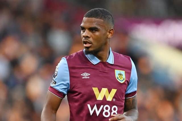 BURNLEY, ENGLAND - AUGUST 11: Lyle Foster of Burnley in action during the Premier League match between Burnley FC and Manchester City at Turf Moor on August 11, 2023 in Burnley, England. (Photo by Michael Regan/Getty Images)