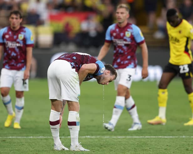 WATFORD, ENGLAND - AUGUST 12: Ashley Barnes of Burnley reacts during a drinks break during the Sky Bet Championship between Watford and Burnley at Vicarage Road on August 12, 2022 in Watford, England. (Photo by Richard Heathcote/Getty Images)