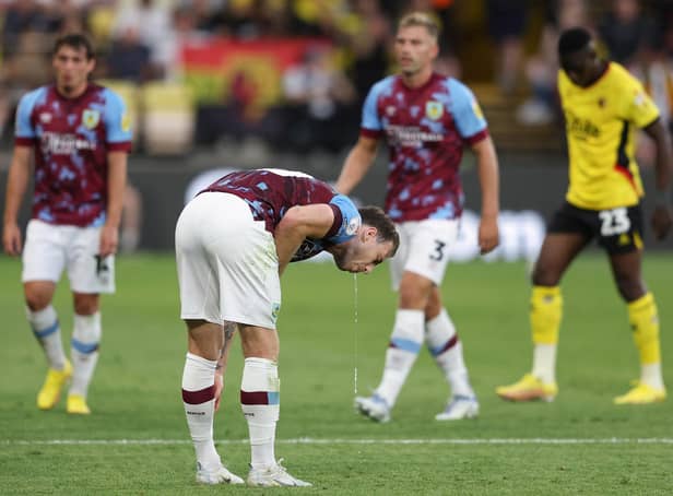 WATFORD, ENGLAND - AUGUST 12: Ashley Barnes of Burnley reacts during a drinks break during the Sky Bet Championship between Watford and Burnley at Vicarage Road on August 12, 2022 in Watford, England. (Photo by Richard Heathcote/Getty Images)