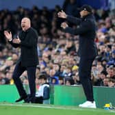 LIVERPOOL, ENGLAND - NOVEMBER 01: Sean Dyche, Manager of Everton, reacts during the Carabao Cup Fourth Round match between Everton and Burnley at Goodison Park on November 01, 2023 in Liverpool, England. (Photo by Alex Livesey/Getty Images)
