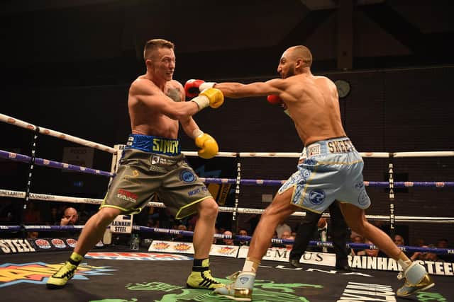 BRENTWOOD, ENGLAND - JUNE 02: Bradley Skeete (right) during the British Welterweight Title fight against Shayne Singleton at Brentwood Centre on June 2, 2017 in Brentwood, England. (Photo by Leigh Dawney/Getty Images)