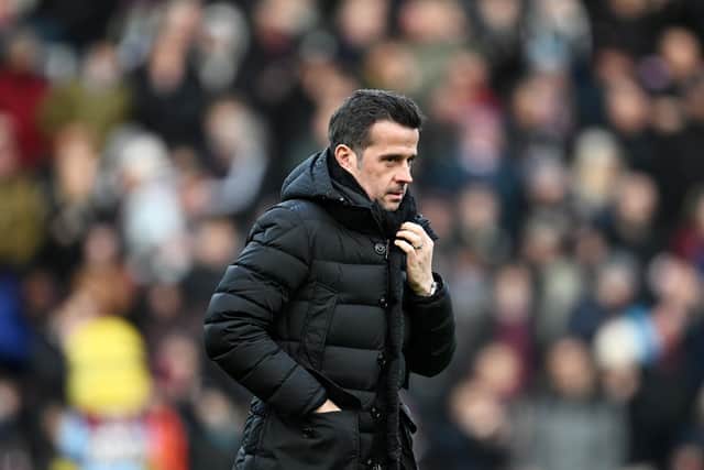 BURNLEY, ENGLAND - FEBRUARY 03: Marco Silva, Manager of Fulham, looks on during the Premier League match between Burnley FC and Fulham FC at Turf Moor on February 03, 2024 in Burnley, England. (Photo by Gareth Copley/Getty Images)