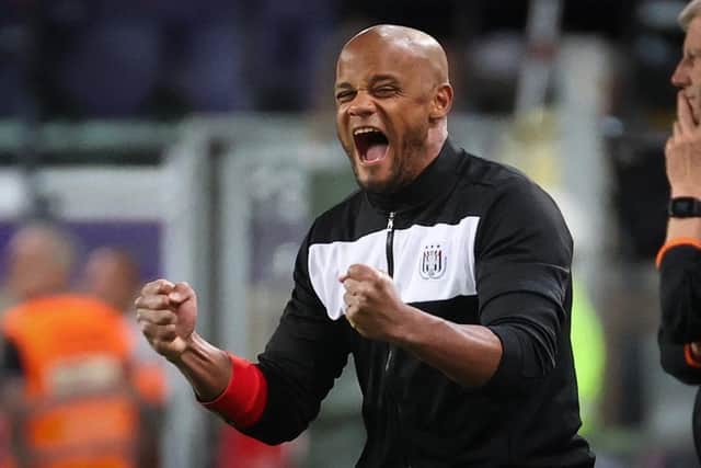 Anderlecht's head coach Vincent Kompany celebrates after winning a soccer match between RSC Anderlecht and RAFC Antwerp, Thursday 12 May 2022 in Antwerp, on day 4 of the Champions' play-offs of the 2021-2022 'Jupiler Pro League' first division of the Belgian championship. BELGA PHOTO VIRGINIE LEFOUR (Photo by VIRGINIE LEFOUR / BELGA MAG / Belga via AFP) (Photo by VIRGINIE LEFOUR/BELGA MAG/AFP via Getty Images)