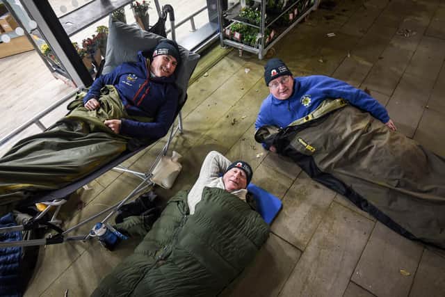(Anticlockwise from left to right) Veterans Dave Whitworth, Peter Le Marinel and County Cllr Alf Clempson slept outside Booths in Poulton as part of a fundraising effort for the Great Tommy Sleep Out