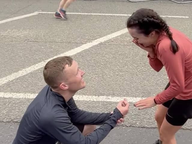 Niall West proposes to fiance Beth Miller during the Manchester Marathon on Sunday. The 28-year-olds from Bolton first met at Lancaster University and have been together for nine years.