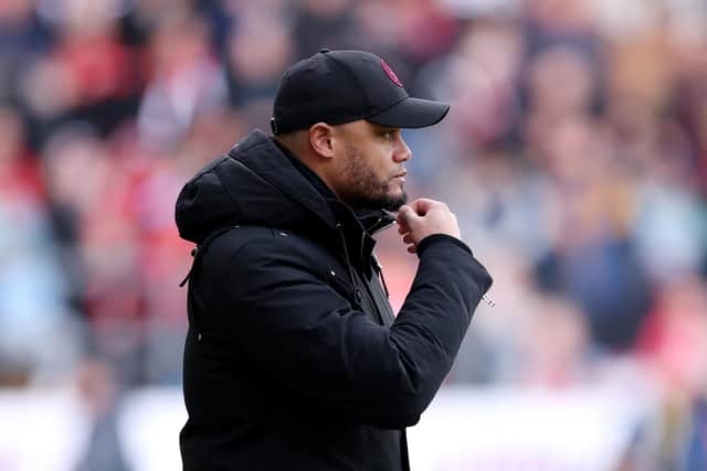 BURNLEY, ENGLAND - MARCH 03: Vincent Kompany, Manager of Burnley, looks on during the Premier League match between Burnley FC and AFC Bournemouth at Turf Moor on March 03, 2024 in Burnley, England. (Photo by Alex Livesey/Getty Images)