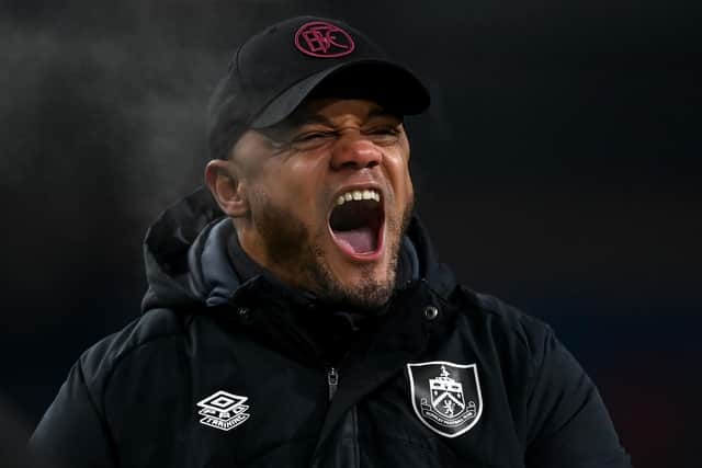 BURNLEY, ENGLAND - JANUARY 20: Vincent Kompany, Manager of Burnley, celebrates victory following the Sky Bet Championship match between Burnley and West Bromwich Albion at Turf Moor on January 20, 2023 in Burnley, England. (Photo by Gareth Copley/Getty Images)
