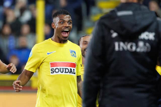 Westerlo's Lyle Foster celebrates after scoring a goal during the Belgian 'Jupiler Pro League' football match between Club Brugge KV and KVC Westerlo in Brugge on October 8, 2022. - - Belgium OUT (Photo by KURT DESPLENTER / BELGA / AFP) / Belgium OUT (Photo by KURT DESPLENTER/BELGA/AFP via Getty Images)