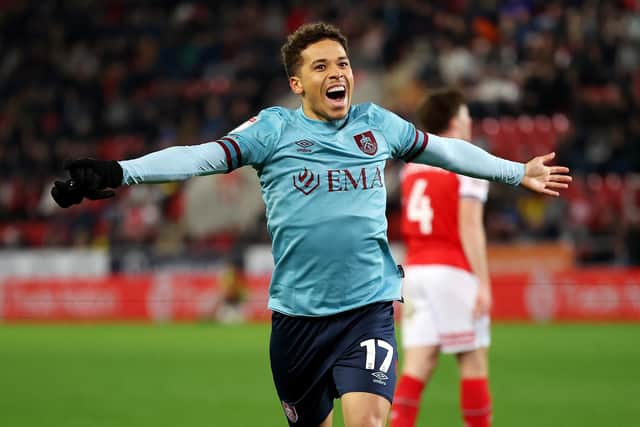 ROTHERHAM, ENGLAND - APRIL 18: Manuel Benson of Burnley celebrates after scoring the team's second goal during the Sky Bet Championship match between Rotherham United and Burnley at AESSEAL New York Stadium on April 18, 2023 in Rotherham, England. (Photo by Matt McNulty/Getty Images)
